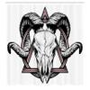 Ambesonne Tattoo Shower Curtain, Skull of a Bull with Horns Tangled Geometric Simple Artwork Image, Cloth Fabric Bathroom Decor Set with Hooks, 69" W x 70" L, Red White and Black view 2