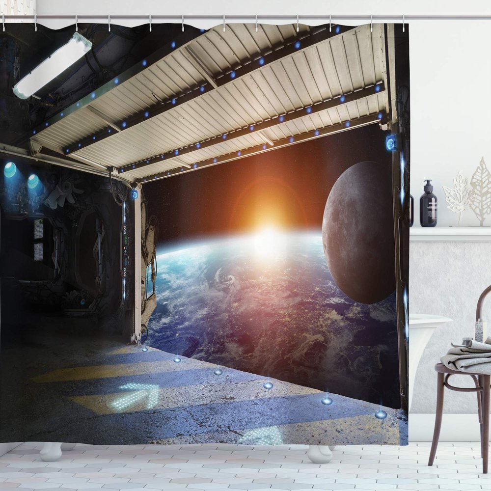 Ambesonne Outer Space Shower Curtain, Earth Scene from a Space Plane Runway Globe Galaxy up to Stars Sci-Fi Picture, Cloth Fabric Bathroom Decor Set with Hooks, 69" W x 75" L, Marigold Blue