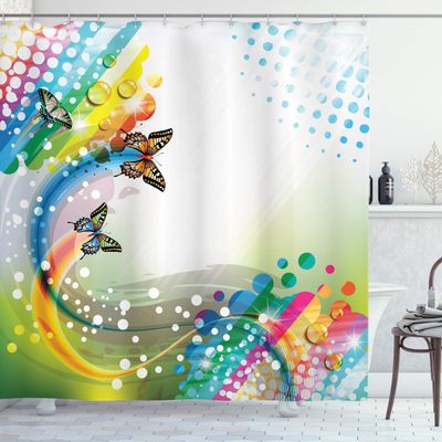 Ambesonne Colorful Shower Curtain, Trippy Flying Butterflies with Colored Comet Bubbles Creative Design, Cloth Fabric Bathroom Decor Set with Hooks, 69" W x 75" L, Multicolor Off White