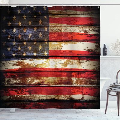 Ambesonne American Flag Shower Curtain, Us Over Old Rusty Tones Weathered Vintage Social Plank Artwork, Cloth Fabric Bathroom Decor Set with Hooks, 69" W x 75" L, Vermilion Violet Blue