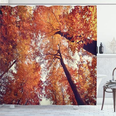 Ambesonne Forest Shower Curtain, Forest with Deciduous Trees Shedding Leaf Shady Toned Flora Scenery Photo Art, Cloth Fabric Bathroom Decor Set with Hooks, 69" W x 70" L, Orange
