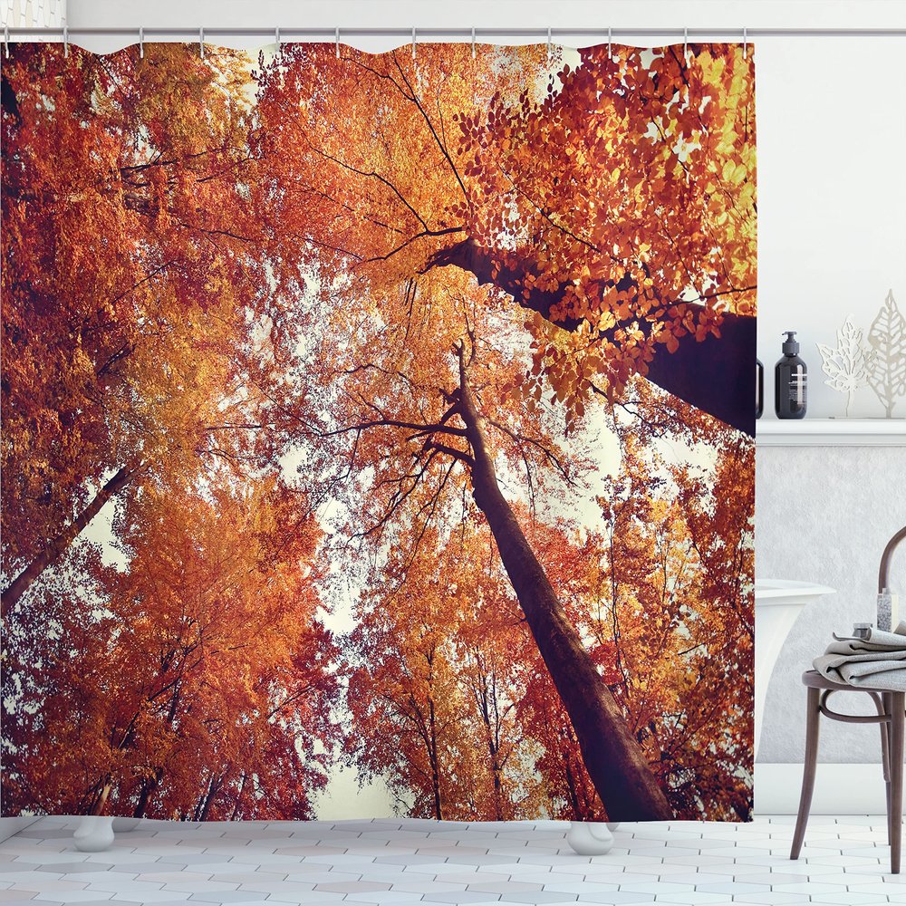 Ambesonne Forest Shower Curtain, Forest with Deciduous Trees Shedding Leaf Shady Toned Flora Scenery Photo Art, Cloth Fabric Bathroom Decor Set with Hooks, 69" W x 70" L, Orange