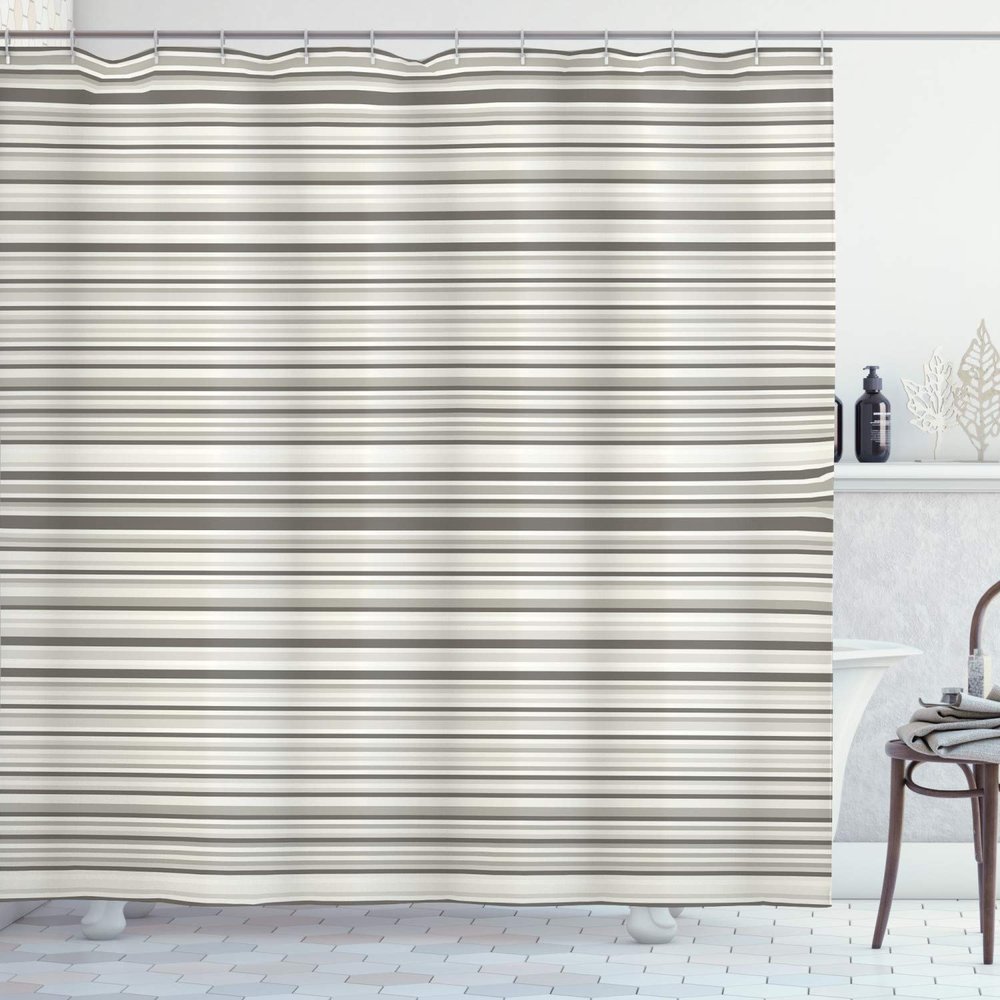 Ambesonne Striped Shower Curtain, Abstract Lines in Earthen Tones Simplistic Chevron Vain Uniform Ranks Blaze Print, Cloth Fabric Bathroom Decor Set with Hooks, 69" W x 75" L, Green Grey