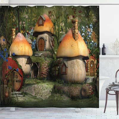 Ambesonne Nature Shower Curtain, Mushroom Houses in Forest Fantasy Wonderland Dwarf Theme, Cloth Fabric Bathroom Decor Set with Hooks, 69" W x 84" L, Taupe