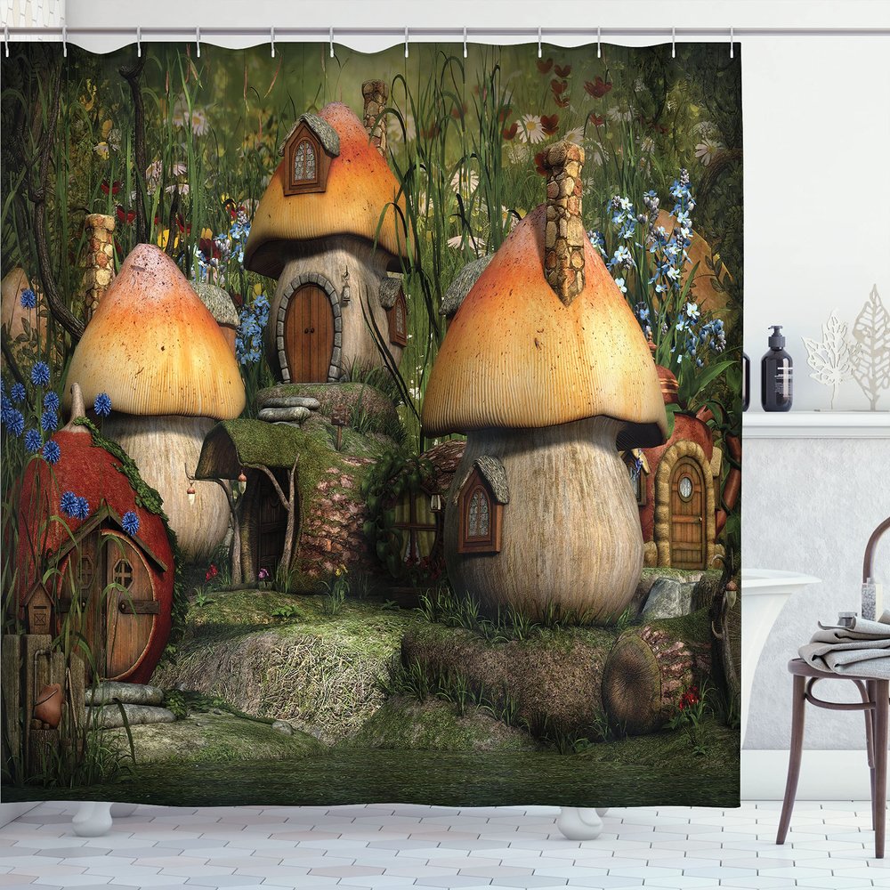 Ambesonne Nature Shower Curtain, Mushroom Houses in Forest Fantasy Wonderland Dwarf Theme, Cloth Fabric Bathroom Decor Set with Hooks, 69" W x 84" L, Taupe