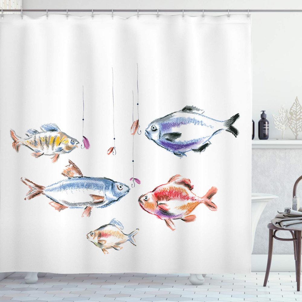 Ambesonne Fishing Shower Curtain, Retro Fishing Love Theme with Goldfish Herring Bream Bass Salmon Image, Cloth Fabric Bathroom Decor Set with Hooks, 69" W x 75" L, Blue Red