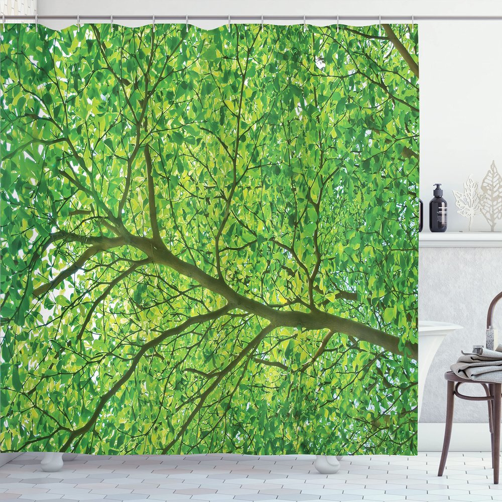 Ambesonne Forest Shower Curtain, Life Symbolized in Part of a Tree Branch High Birch Spring Leaves Design Artwork Print, Cloth Fabric Bathroom Decor Set with Hooks, 69" W x 70" L, Green