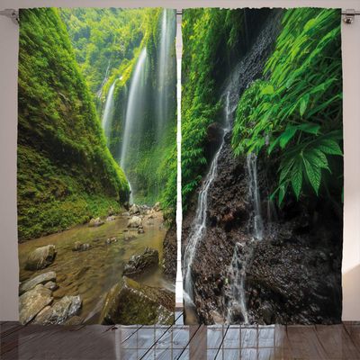 Ambesonne Waterfall Curtains, Waterfalls Side Valley in Indonesia with Southeast Bushes Above Hills, Living Room Bedroom Window Drapes 2 Panel Set, 108" X 96", Green and Brown
