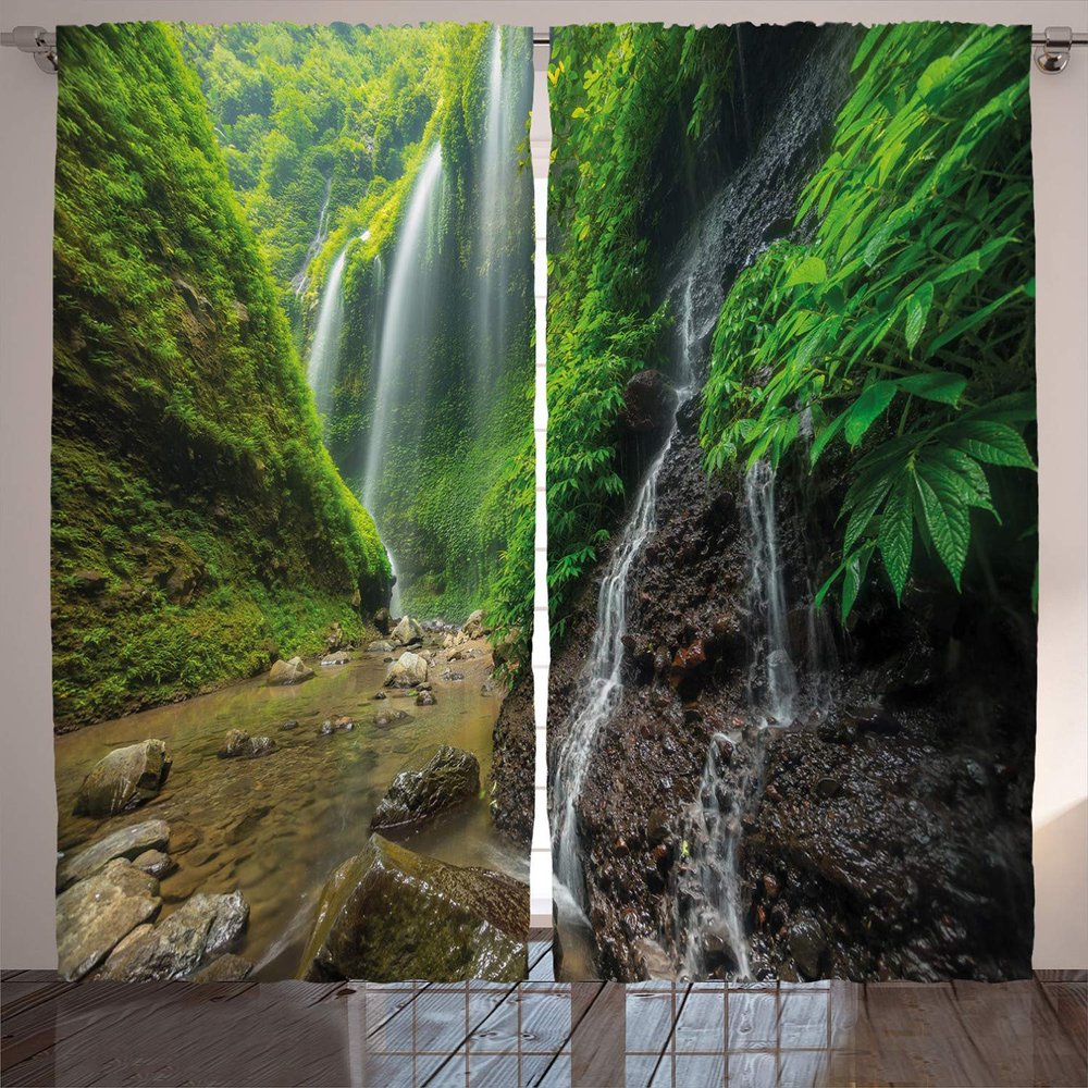 Ambesonne Waterfall Curtains, Waterfalls Side Valley in Indonesia with Southeast Bushes Above Hills, Living Room Bedroom Window Drapes 2 Panel Set, 108" X 96", Green and Brown