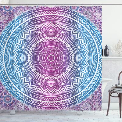 Ambesonne Blue and Pink Shower Curtain, Ombre Mandala Floral Star Medallion Pattern Style Bohemian, Cloth Fabric Bathroom Decor Set with Hooks, 69" W x 84" L, Blue White and Violet