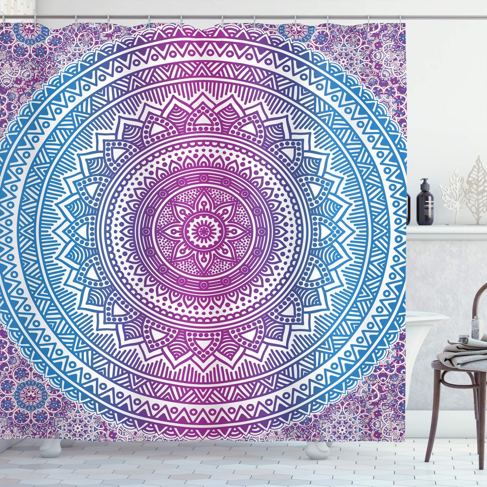 Ambesonne Blue and Pink Shower Curtain, Ombre Mandala Floral Star Medallion Pattern Style Bohemian, Cloth Fabric Bathroom Decor Set with Hooks, 69" W x 84" L, Blue White and Violet