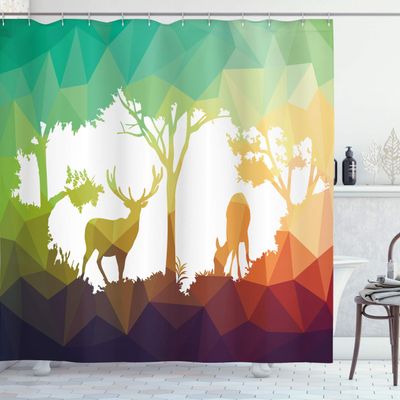 Ambesonne Africa Shower Curtain, Fractal Deer Family Geometric Cut Shapes Hunt Adventure Themed Desert Eco Graphic, Cloth Fabric Bathroom Decor Set with Hooks, 69" W x 84" L, White Reseda Green Indigo