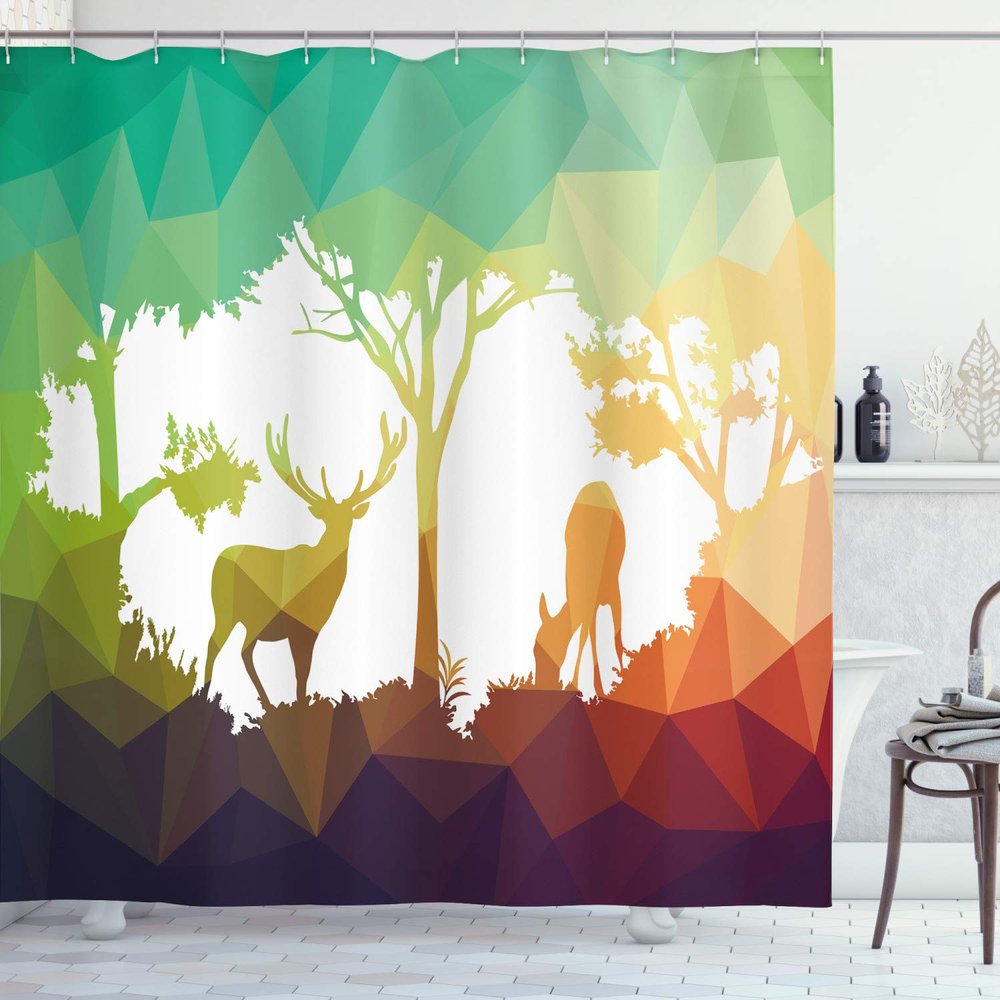 Ambesonne Africa Shower Curtain, Fractal Deer Family Geometric Cut Shapes Hunt Adventure Themed Desert Eco Graphic, Cloth Fabric Bathroom Decor Set with Hooks, 69" W x 84" L, White Reseda Green Indigo