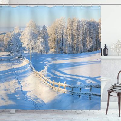 Ambesonne Farmland Shower Curtain, Winter Snow Valley with Oak Borders Pines Frozen Pastoral High Cold Lands Art, Cloth Fabric Bathroom Decor Set with Hooks, 69" W x 75" L, White Blue