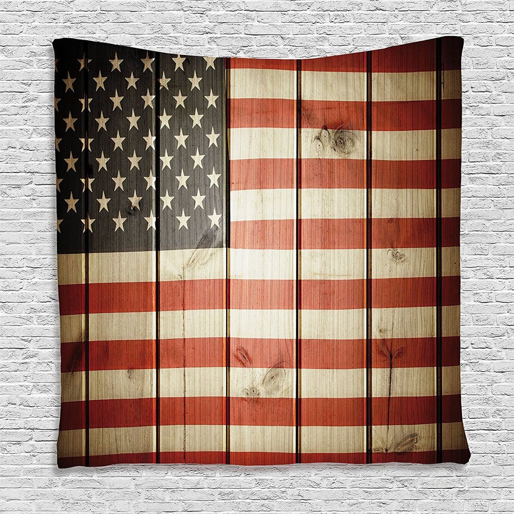 Ambesonne American Flag Tapestry, Usa Flag over Vertical Striped Wooden Board Citizen Solidarity Art, Wall Hanging for Bedroom Living Room Dorm Decor, 40" X 60", Coral Cream