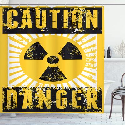Ambesonne Vintage Shower Curtain, Sign with Caution and Danger Atomic Area Beware Concept Apocalypse Illustration, Cloth Fabric Bathroom Decor Set with Hooks, 69" W x 70" L, Yellow Black