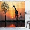 Ambesonne Africa Shower Curtain, Giraffes on Bushes by The Lake Surface Horizon in The Middle of Nowhere Image, Cloth Fabric Bathroom Decor Set with Hooks, 69" W x 70" L, Orange Black view 1
