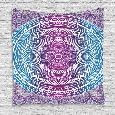 Ambesonne Blue and Pink Tapestry, Ombre Mandala Floral Star Medallion Pattern Style Bohemian, Wall Hanging for Bedroom Living Room Dorm Decor, 60" X 80", Blue White