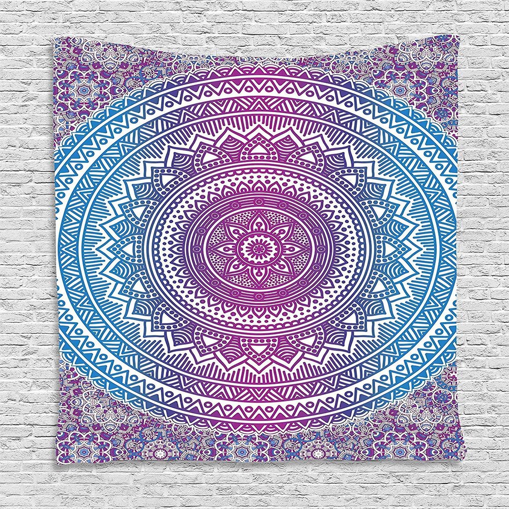 Ambesonne Blue and Pink Tapestry, Ombre Mandala Floral Star Medallion Pattern Style Bohemian, Wall Hanging for Bedroom Living Room Dorm Decor, 60" X 80", Blue White
