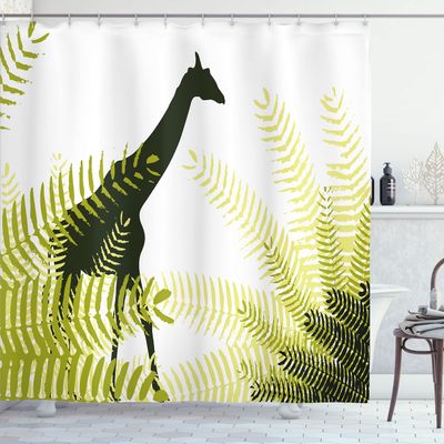 Ambesonne Africa Shower Curtain, Silhouette of Giraffe Ferns National Park Terrestrial Tall Animal Print, Cloth Fabric Bathroom Decor Set with Hooks, 69" W x 84" L, Pale Green Dark Green