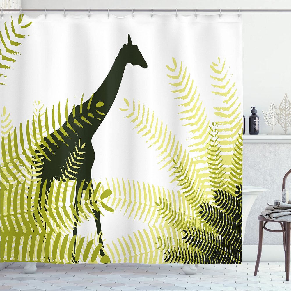Ambesonne Africa Shower Curtain, Silhouette of Giraffe Ferns National Park Terrestrial Tall Animal Print, Cloth Fabric Bathroom Decor Set with Hooks, 69" W x 84" L, Pale Green Dark Green