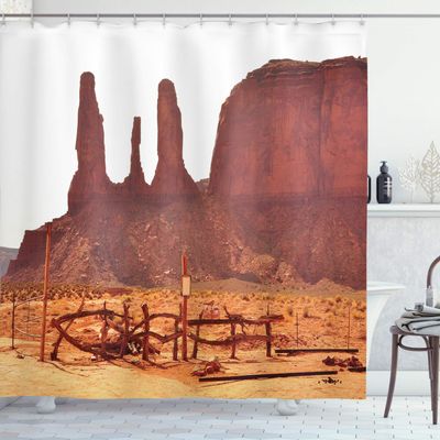 Ambesonne Canyon Shower Curtain, Scenic Monument Valley on Western Desert Odd Formation of Rock and Cliff Print, Cloth Fabric Bathroom Decor Set with Hooks, 69" W x 84" L, Tan