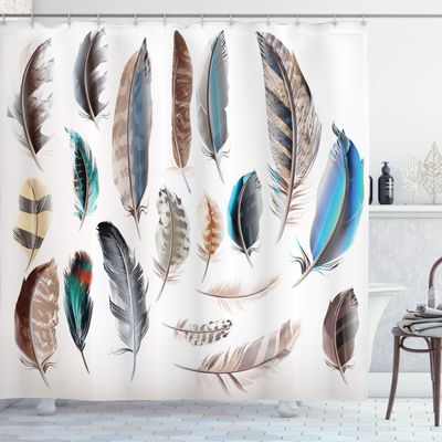 Ambesonne Feathers Shower Curtain, Western Feather Setting Pigmented Bird Body Parts Growth Nature Design, Cloth Fabric Bathroom Decor Set with Hooks, 69" W x 75" L, White Soft Blue Ecru