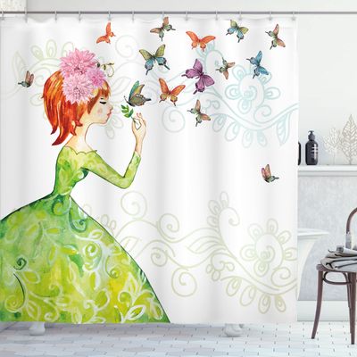 Ambesonne Butterfly Shower Curtain, Floral Lady in Green Dress Leaf Ornaments Flower Pastel Winged Bug, Cloth Fabric Bathroom Decor Set with Hooks, 69" W x 84" L, Pink Orange Green