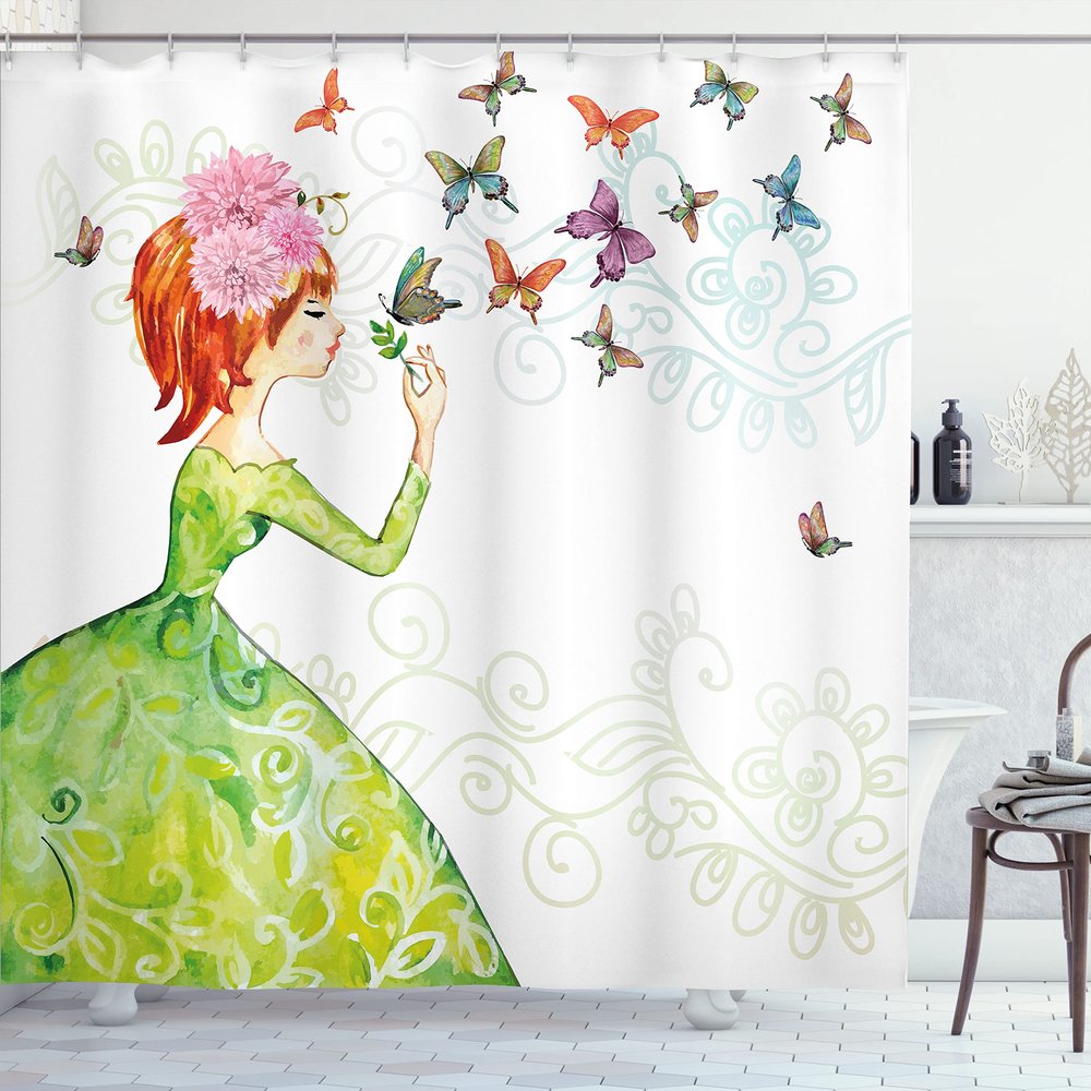 Ambesonne Butterfly Shower Curtain, Floral Lady in Green Dress Leaf Ornaments Flower Pastel Winged Bug, Cloth Fabric Bathroom Decor Set with Hooks, 69" W x 84" L, Pink Orange Green