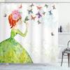 Ambesonne Butterfly Shower Curtain, Floral Lady in Green Dress Leaf Ornaments Flower Pastel Winged Bug, Cloth Fabric Bathroom Decor Set with Hooks, 69" W x 84" L, Pink Orange Green view 1