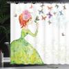 Ambesonne Butterfly Shower Curtain, Floral Lady in Green Dress Leaf Ornaments Flower Pastel Winged Bug, Cloth Fabric Bathroom Decor Set with Hooks, 69" W x 84" L, Pink Orange Green view 3