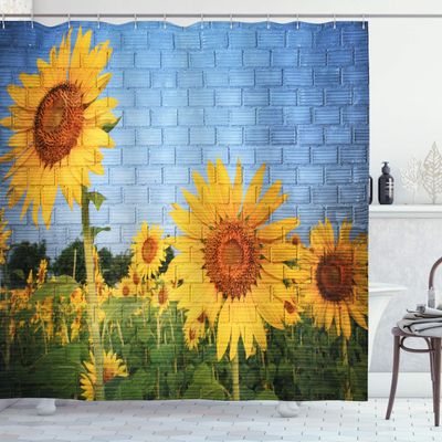 Ambesonne Brick Wall Shower Curtain, Sunflower Drawing on Wall Peaceful Habitat Meadow Valley in Rural Village, Cloth Fabric Bathroom Decor Set with Hooks, 69" W x 84" L, Yellow Green