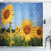 Ambesonne Brick Wall Shower Curtain, Sunflower Drawing on Wall Peaceful Habitat Meadow Valley in Rural Village, Cloth Fabric Bathroom Decor Set with Hooks, 69" W x 84" L, Yellow Green view 1
