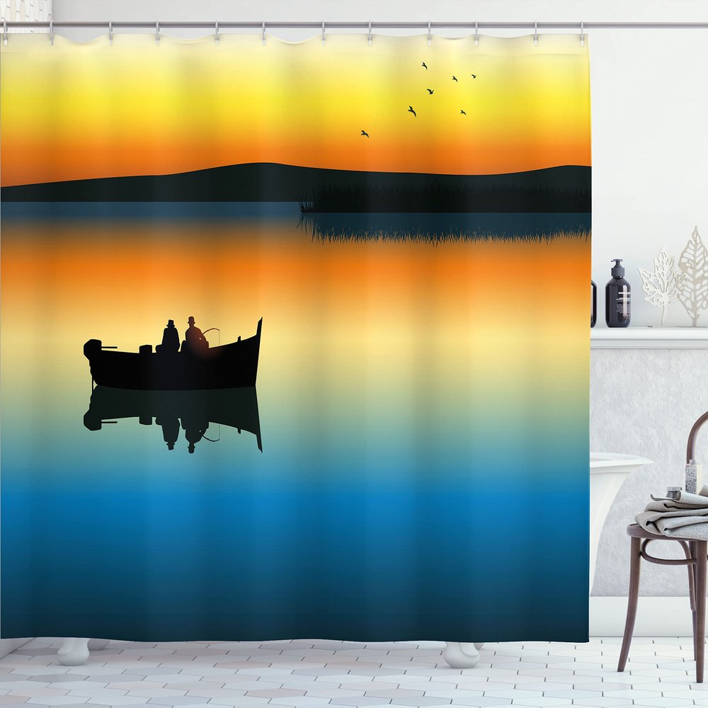 Ambesonne Fishing Shower Curtain, Buddies on Tranquil Still Lake at Epic Sunset Fishing Male Friends Bond Friendship, Cloth Fabric Bathroom Decor Set with Hooks, 69" W x 75" L, Orange Blue