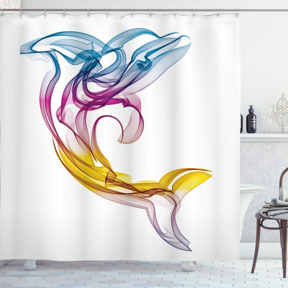 Ambesonne Sea Animals Shower Curtain, Dolphin with Ornamentals Abstract Art Aquatic Animal Illustration Image, Cloth Fabric Bathroom Decor Set with Hooks, 69" W x 84" L, White