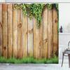 Ambesonne Rustic Shower Curtain, Fresh Spring Season Grass and Leaf Plant Over Old Wood Fence Garden Field Photo, Cloth Fabric Bathroom Decor Set with Hooks, 75" Long, Green Brown view 1