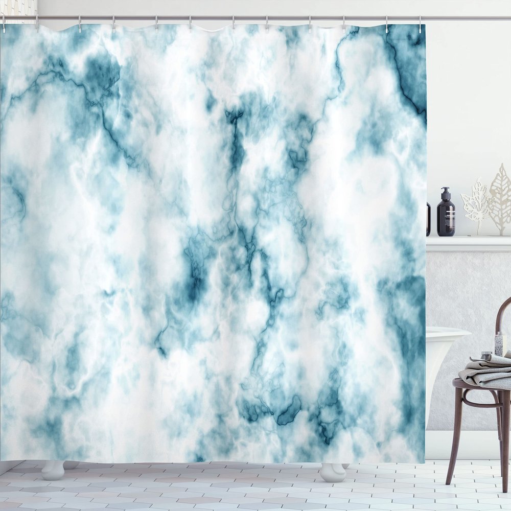 Ambesonne Nature Shower Curtain, Fluffy Cloud Skyline Like Marble Motif Grunge and Retro Features Art Print, Cloth Fabric Bathroom Decor Set with Hooks, 69" W x 75" L, Cadet Blue Seafoam