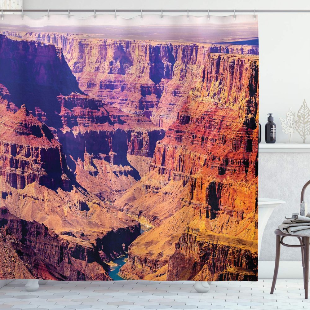 Ambesonne American Shower Curtain, Grand Canyon in Arizona Base Elevations North American Sublime Tribal Landscape, Cloth Fabric Bathroom Decor Set with Hooks, 69" W x 84" L, Indigo Brown Earth Yellow