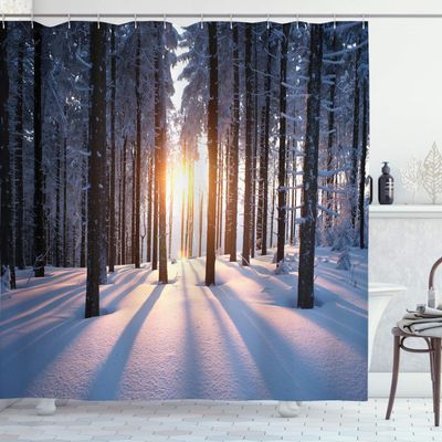 Ambesonne Winter Shower Curtain, Appearance of Sunset in Woodlands with Freezing Idyllic Nature Scenery, Cloth Fabric Bathroom Decor Set with Hooks, 69" W x 70" L, Brown White