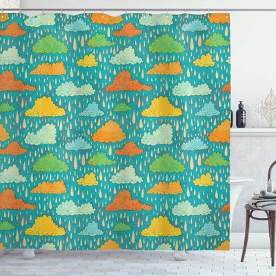 Ambesonne Abstract Shower Curtain, Funk Art Figurative Sloppy Fluffy Rain Clouds on Sky Gloomy Weather Humor Print, Cloth Fabric Bathroom Decor Set with Hooks, 69" W x 84" L, Sea Blue Apricot Mustard