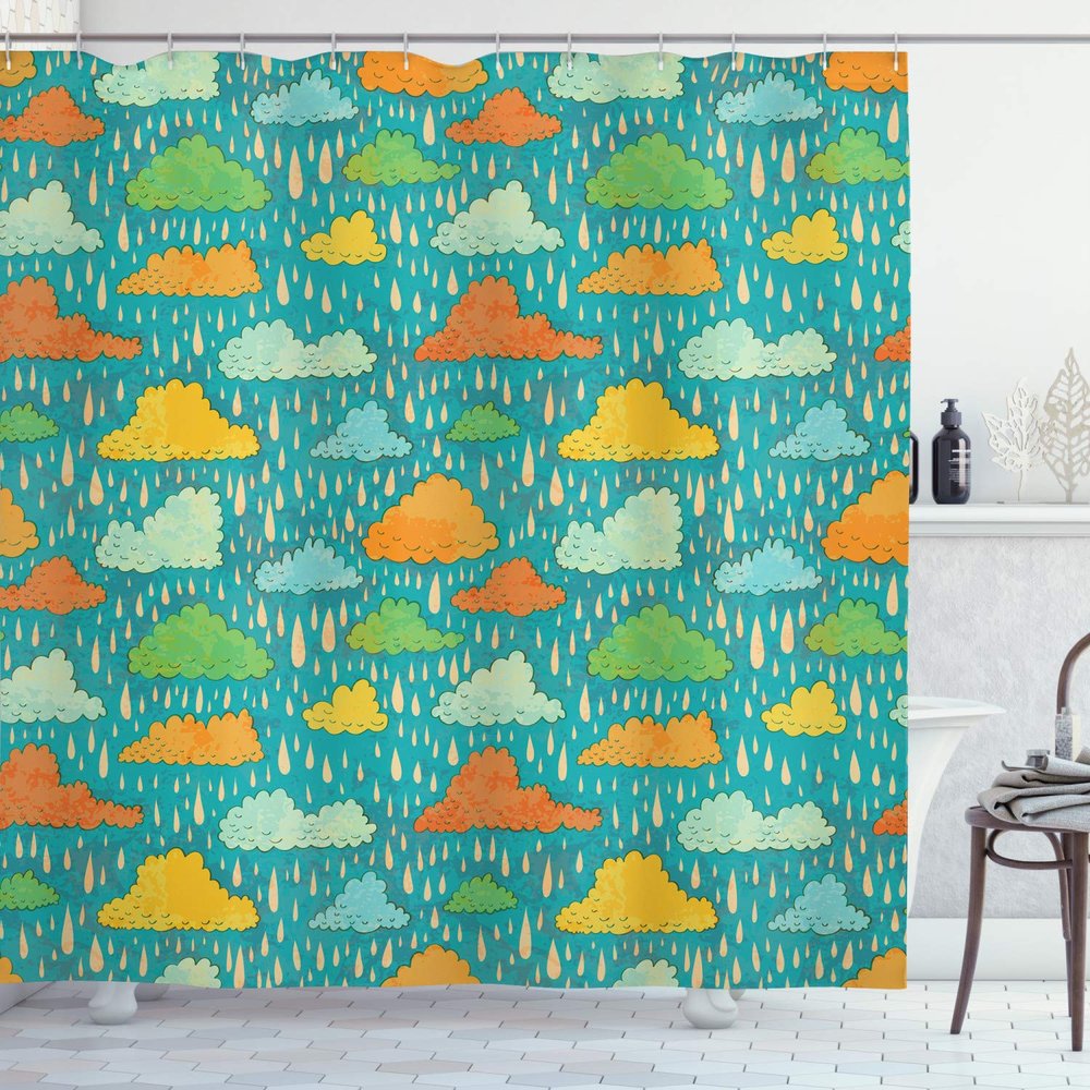 Ambesonne Abstract Shower Curtain, Funk Art Figurative Sloppy Fluffy Rain Clouds on Sky Gloomy Weather Humor Print, Cloth Fabric Bathroom Decor Set with Hooks, 69" W x 84" L, Sea Blue Apricot Mustard