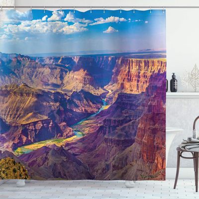 Ambesonne Canyon Shower Curtain, Aerial View of Epic Grand Canyon Activity of River Stream Over Rock Plateau Print, Cloth Fabric Bathroom Decor Set with Hooks, 69" W x 70" L, Blue Tan