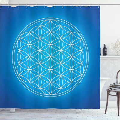 Ambesonne Geometry Shower Curtain, Flower of Life Grid Pattern Consisting of Types Overlapping Circles Theme, Cloth Fabric Bathroom Decor Set with Hooks, 69" W x 70" L, Blue White
