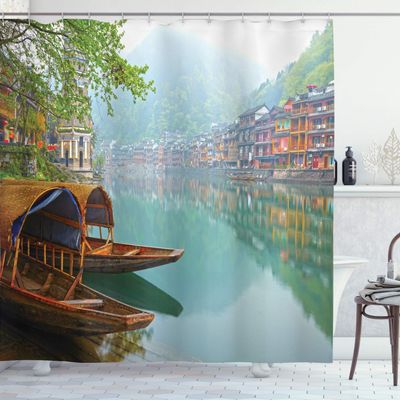 Ambesonne East Shower Curtain, Old Chinese Suburbs Lake Canal with Wood Boats Foggy Eastern Rural Scene Art, Cloth Fabric Bathroom Decor Set with Hooks, 69" W x 70" L, Seafoam Brown Fern Green