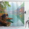 Ambesonne East Shower Curtain, Old Chinese Suburbs Lake Canal with Wood Boats Foggy Eastern Rural Scene Art, Cloth Fabric Bathroom Decor Set with Hooks, 69" W x 70" L, Seafoam Brown Fern Green view 1