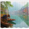 Ambesonne East Shower Curtain, Old Chinese Suburbs Lake Canal with Wood Boats Foggy Eastern Rural Scene Art, Cloth Fabric Bathroom Decor Set with Hooks, 69" W x 70" L, Seafoam Brown Fern Green view 2