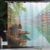 Ambesonne East Shower Curtain, Old Chinese Suburbs Lake Canal with Wood Boats Foggy Eastern Rural Scene Art, Cloth Fabric Bathroom Decor Set with Hooks, 69" W x 70" L, Seafoam Brown Fern Green view 3