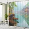 Ambesonne East Shower Curtain, Old Chinese Suburbs Lake Canal with Wood Boats Foggy Eastern Rural Scene Art, Cloth Fabric Bathroom Decor Set with Hooks, 69" W x 70" L, Seafoam Brown Fern Green view 4
