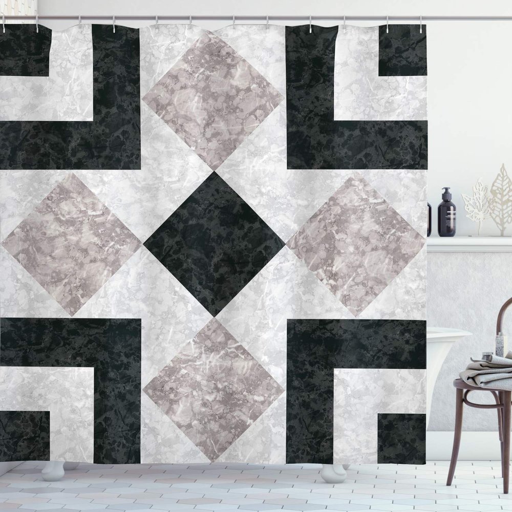 Ambesonne Marble Print Shower Curtain, Nostalgic Stone Mosaic Regular Design Alluring Elements Art, Cloth Fabric Bathroom Decor Set with Hooks, 69" W x 70" L, Black Beige
