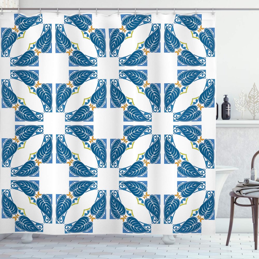 Ambesonne Blue and White Shower Curtain, Portuguese Pavement Design Azulejo Mosaic with Diagonal Square and Shapes, Cloth Fabric Bathroom Decor Set with Hooks, 69" W x 84" L, Blue White